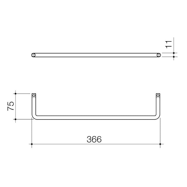 Caroma Urbane II black universal towel rail technical drawing with 366mm dimensions and side view measurements