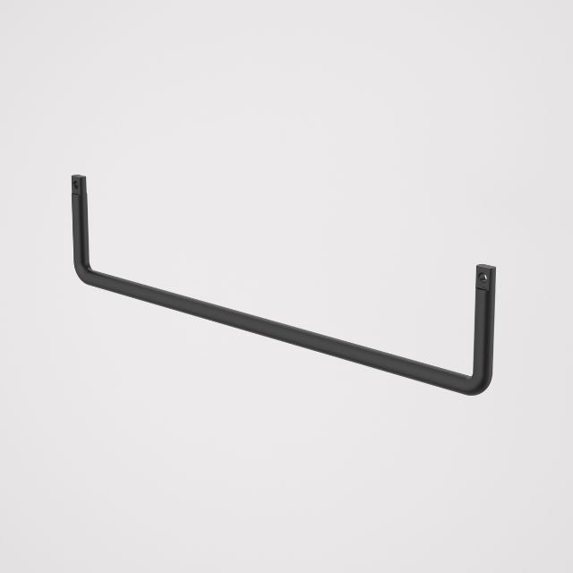 Caroma Urbane II black metal universal towel rail with slim rectangular profile on white background