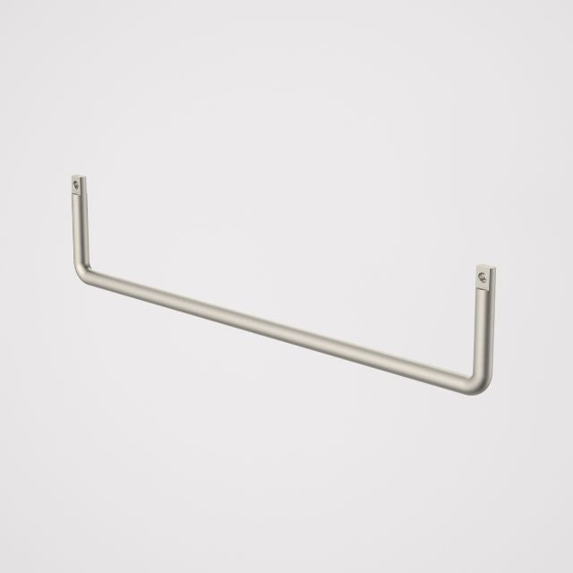 Caroma Urbane II brushed nickel towel rail, slim metal U-shape on white background