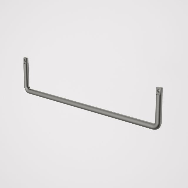 Caroma Urbane II universal towel rail in gun metal, slim metal bar with rounded ends on white background