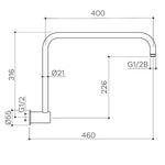 Technical drawing of a Caroma chrome upswept shower arm, showing 460mm length and G1/2 wall-mounted fittings.