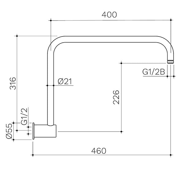 Technical drawing of a Caroma chrome upswept shower arm, showing 460mm length and G1/2 wall-mounted fittings.