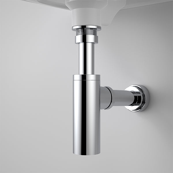 Caroma 40mm bottle trap in chrome, shown installed under a wall-hung basin