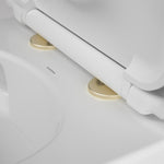 Caroma toilet seat hinge caps in brushed brass fitted to a white toilet seat, close-up detail view