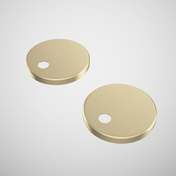 Caroma toilet seat hinge caps in brushed brass, shown as two round covers on a white background
