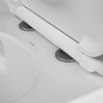 Caroma toilet seat hinge caps in gunmetal on a white toilet seat, close-up detail view