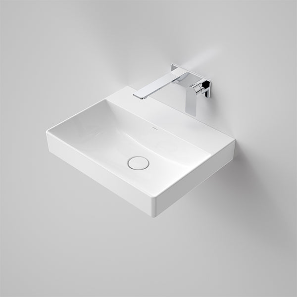 Caroma Urbane II wall-hung rectangular ceramic basin in gloss white with chrome mixer tap, top view