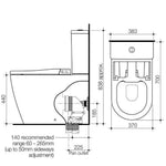 Caroma Urbane II wall faced close coupled bidet suite technical drawing, showing side and top views with dimensions in white.