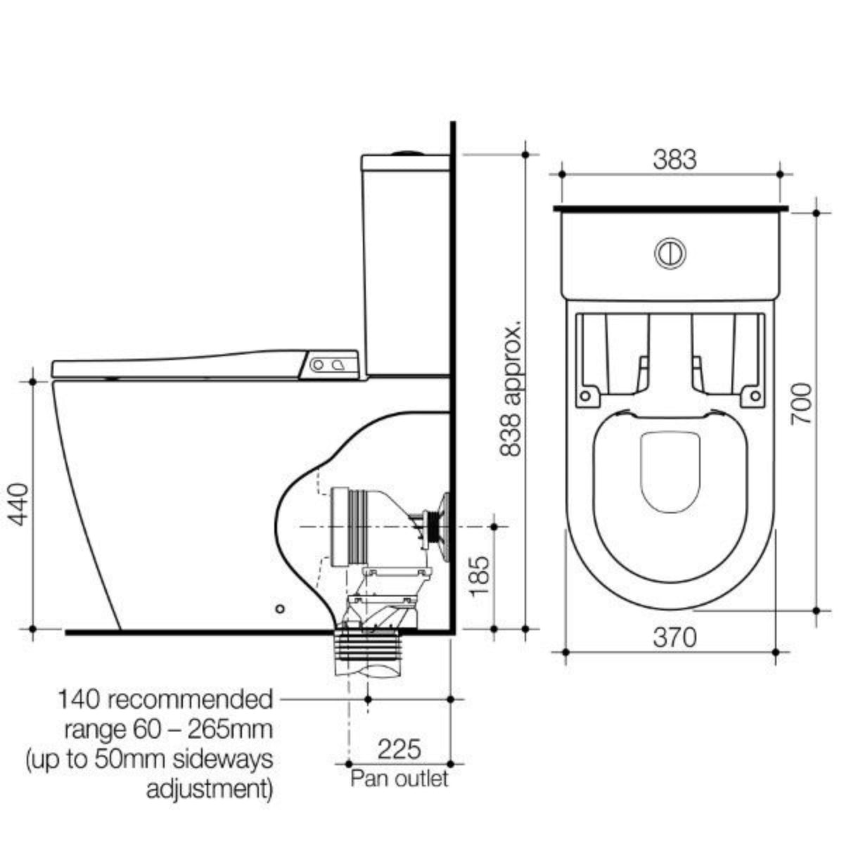 Caroma Urbane II wall faced close coupled bidet suite technical drawing, showing side and top views with dimensions in white.