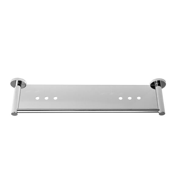 Caroma Virtu Circit chrome shower shelf, rectangular metal bathroom shelf with round end supports, front view