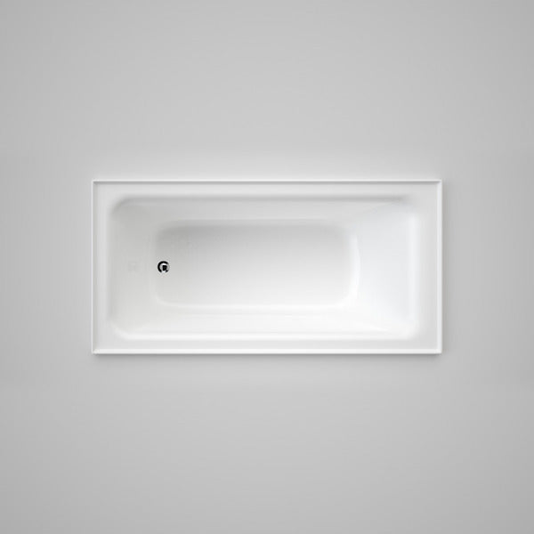 Caroma Vivas white rectangular built-in bath with tile flange, shown from above on a grey background