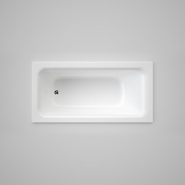 Caroma Vivas white rectangular island bath, top view, inset in a tiled hob with central waste hole