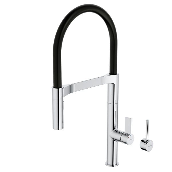 Caroma Liano II pull down sink mixer in chrome with black flexible hose, front view isolated on white