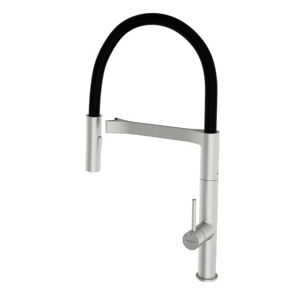 Caroma Liano II pull down sink mixer in brushed nickel with black hose and curved swivel spout