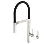 Caroma Liano II pull down sink mixer in brushed nickel with black arched spout and side lever handles