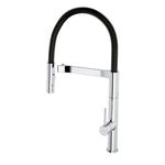 Caroma Liano II pull down sink mixer in chrome with black hose, front view on white background