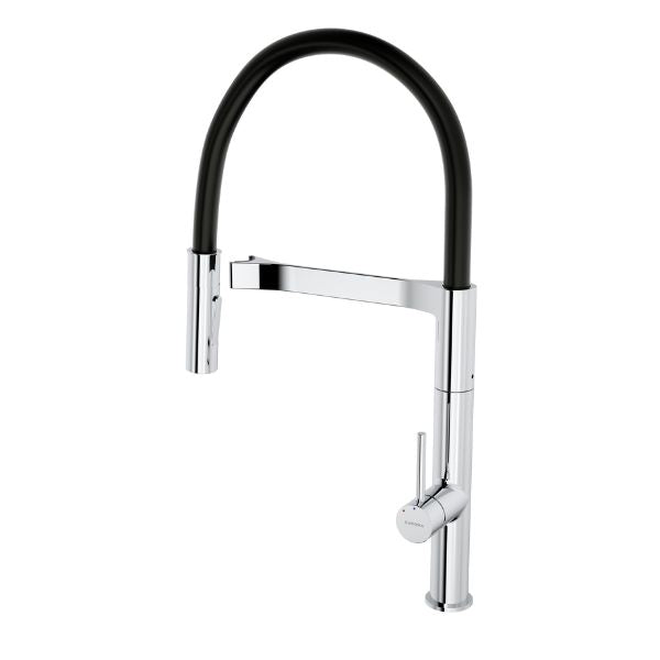 Caroma Liano II pull down sink mixer in chrome with black hose, front view on white background