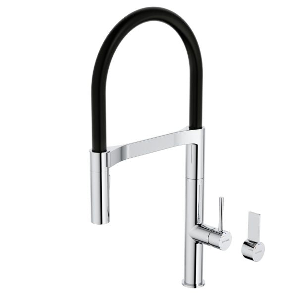 Caroma Liano II pull-down sink mixer in chrome with black flexible hose and separate handle options
