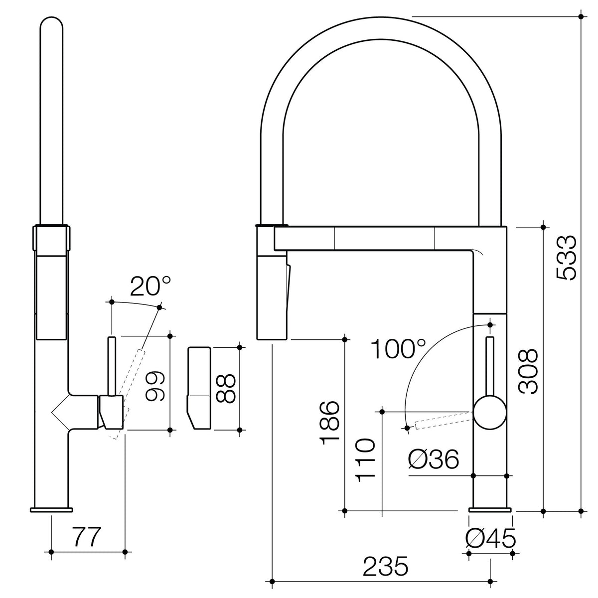 Caroma Liano II pull down sink mixer technical drawing, chrome finish, with dimensions and side/front views