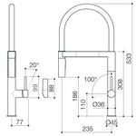 Caroma Liano II pull down sink mixer technical drawing in brushed nickel with dimensions and swivel angles