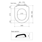 Caroma Xena toilet seat dimensions diagram with top view and side profile, showing measurements in mm and seat hole spacing.
