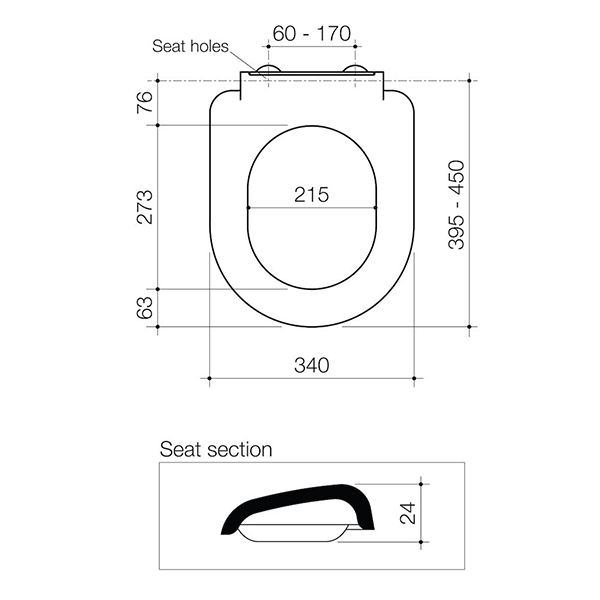 Caroma Xena toilet seat dimensions diagram with top view and side profile, showing measurements in mm and seat hole spacing.