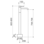 Caroma Liano II freestanding bath filler technical drawing in matte black, floor-mounted with dimensions shown