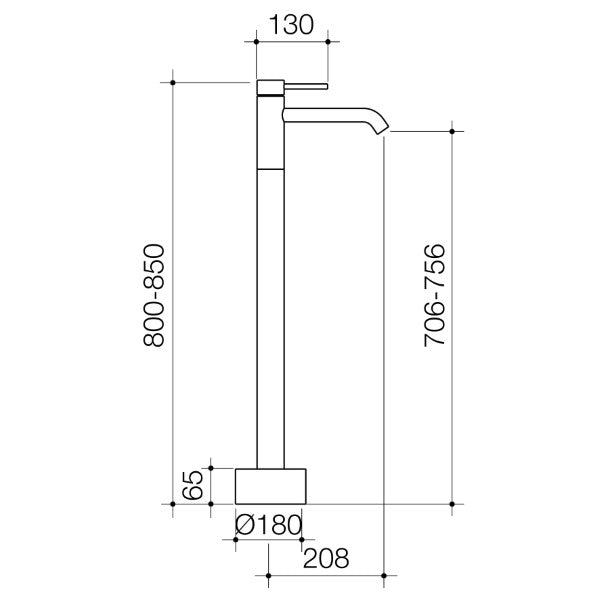 Caroma Liano II freestanding bath filler technical drawing in gunmetal, showing floor-mounted tap dimensions and side view