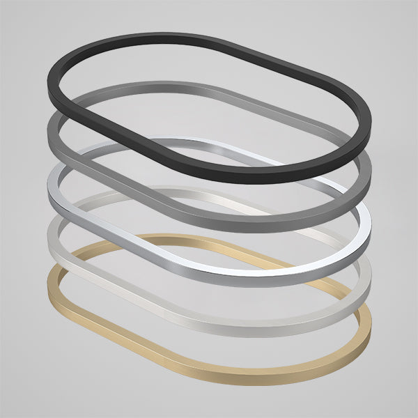 Caroma Liano II pill inset basin rim in matte black, shown with alternate finishes in stacked view