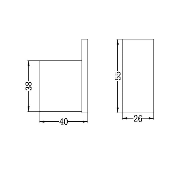 Nero Celia robe hook chrome technical drawing with dimensions 40 x 38 x 55 x 26 mm