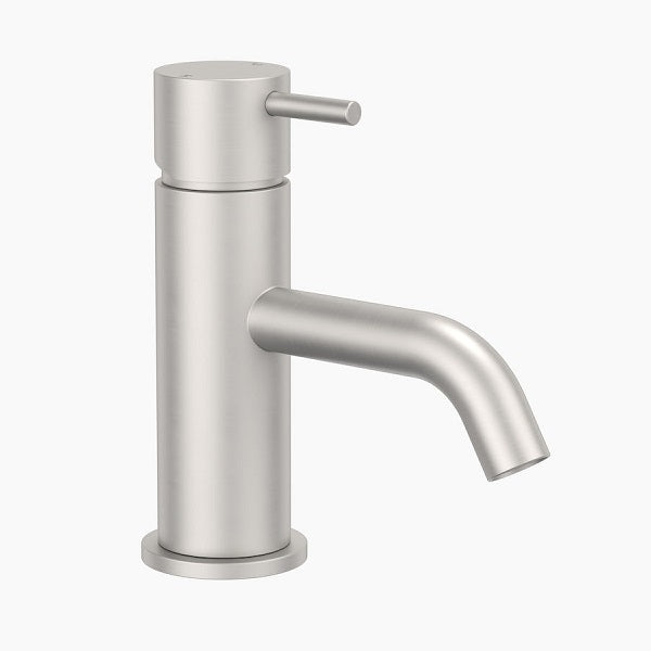 Clark round basin mixer in brushed nickel, with pin lever and curved spout on a round hob-mounted base