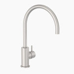 Clark Round Pin sink mixer in brushed nickel with curved gooseneck spout and round hob-mounted base, front view