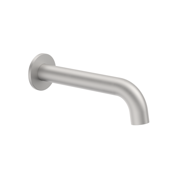 Clark round basin/bath outlet in brushed nickel, wall-mounted spout with 180mm reach, side view