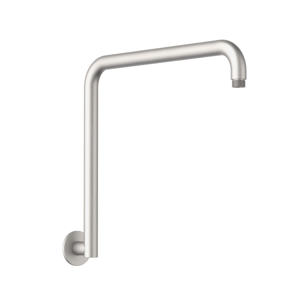 Clark Upswept wall-mounted shower arm in brushed nickel, 400mm reach, round profile on white background