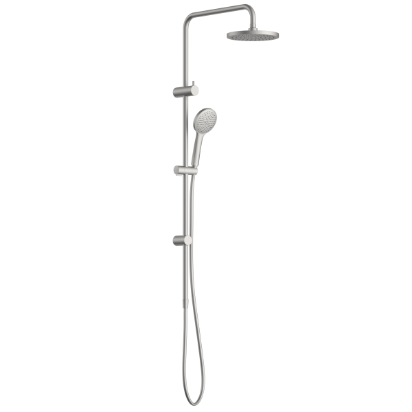Clark Round II twin rail shower in brushed nickel, with round overhead rose, hand shower and slider rail on a white background