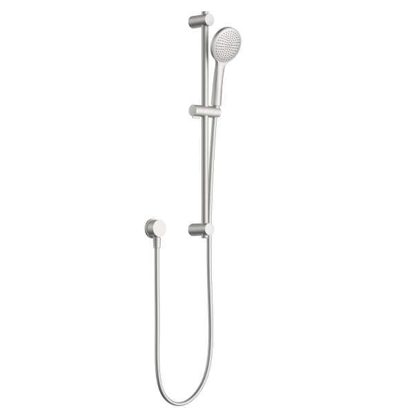 Clark Round II rail shower in brushed nickel, with round handpiece, rail and hose on black background