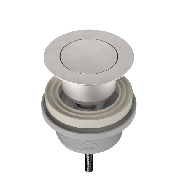 Clark basin pop up plug and waste in brushed nickel, shown from above on a black background