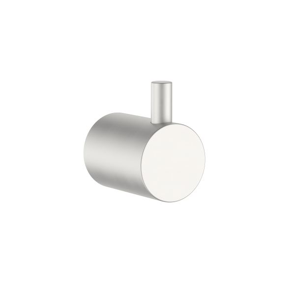 Clark Round Robe Hook in brushed nickel, cylindrical wall hook with round face, shown on black background