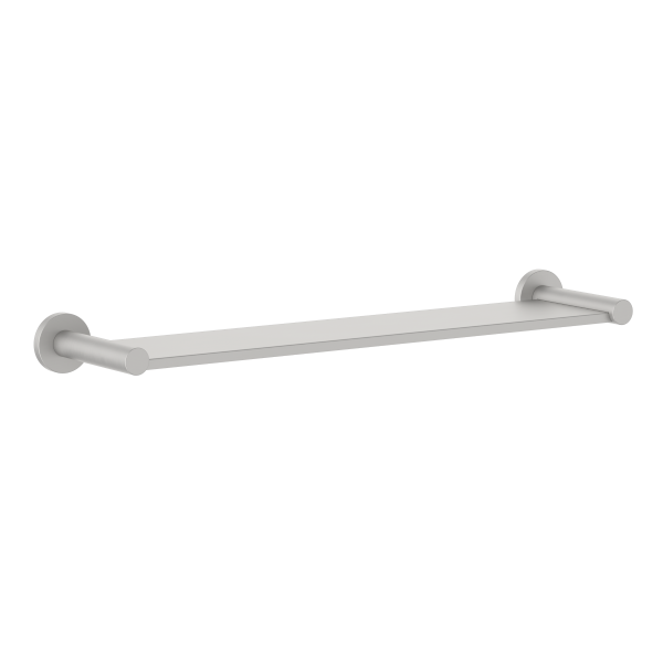 Clark round metal bathroom shelf in brushed nickel, wall-mounted with round end brackets, shown on black background