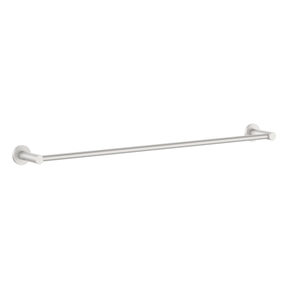Clark Round single towel rail in brushed nickel, 600mm, with round wall brackets on a black background