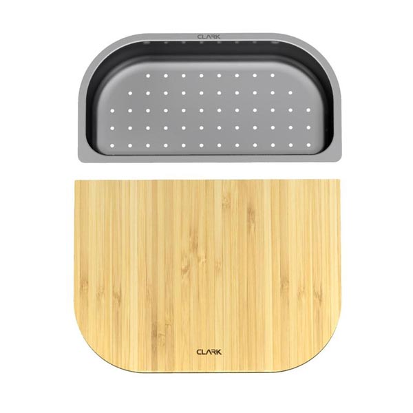 Clark bamboo board and stainless steel sink colander set, shown front on a white background