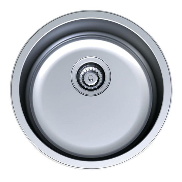 Clark Cellini round stainless steel single bowl kitchen sink, overmount inset style, top view with basket waste