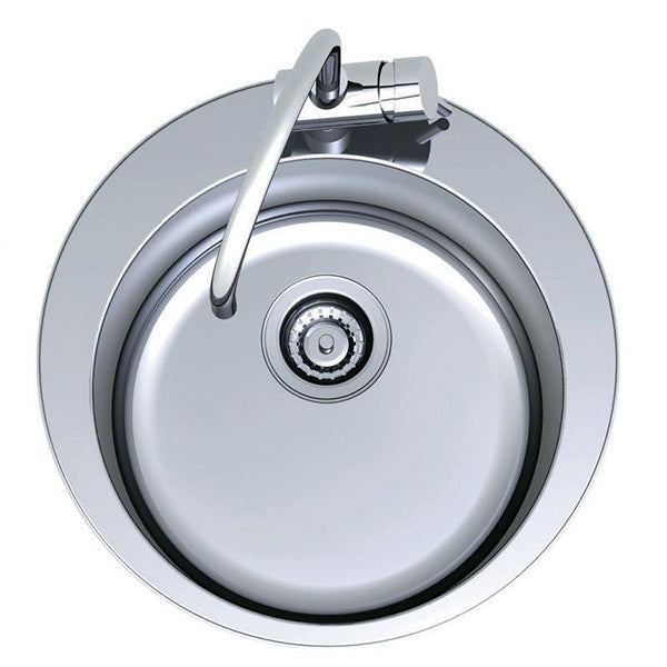 Clark Cellini round stainless steel inset kitchen sink with tap landing and mixer tap, single bowl top view