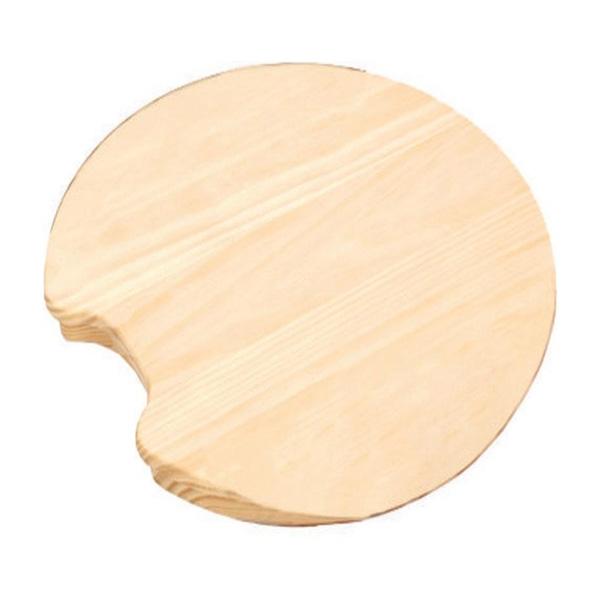 Round light wood chopping board with notch cut-out and tapered edge on white background