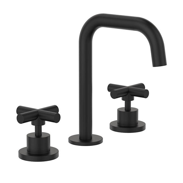 Clark Cross Basin Set in matte black, three-piece hob-mounted basin taps with cross handles and curved spout