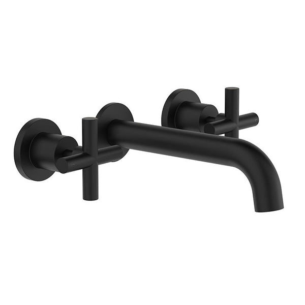 Clark Cross matte black wall basin/bath set with cross handles and curved spout, 220mm projection