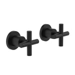 Clark Cross matte black wall top assemblies, pair of cross-handle taps on round wall plates