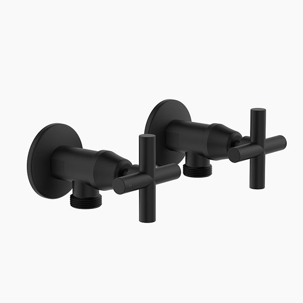 Clark Cross washing machine taps, matte black, wall mounted pair with cross handles and round backplates