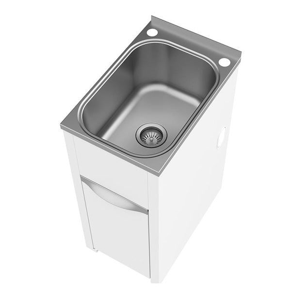 Clark Eureka compact laundry tub and cabinet with stainless steel sink and white cabinet, angled view