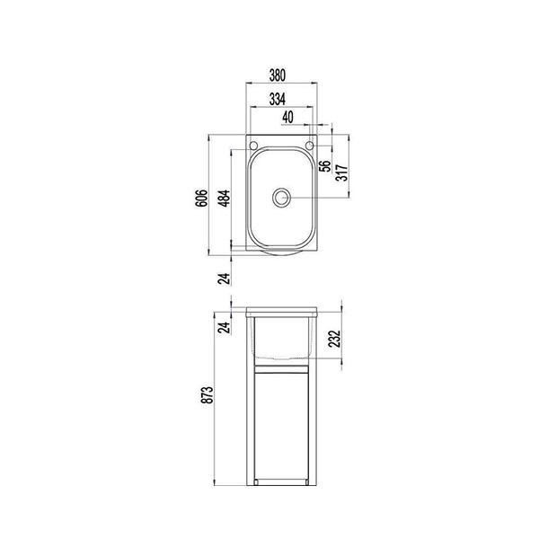 Clark Eureka compact laundry tub and cabinet technical drawing, showing front and side dimensions for the stainless steel 35L unit